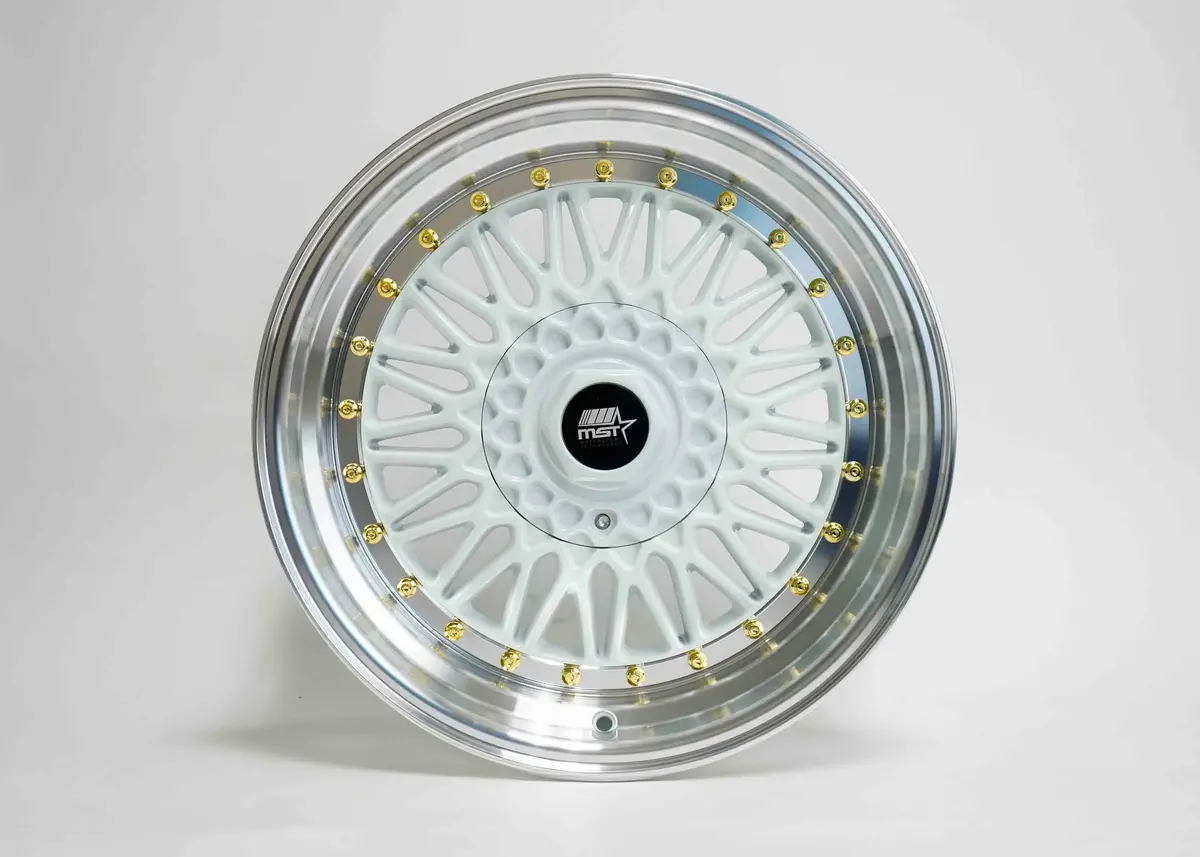 Mt13 - White W/Machined Lip Gold Rivets - 17X8.5 5X100/5X114.3 Offset +30 1