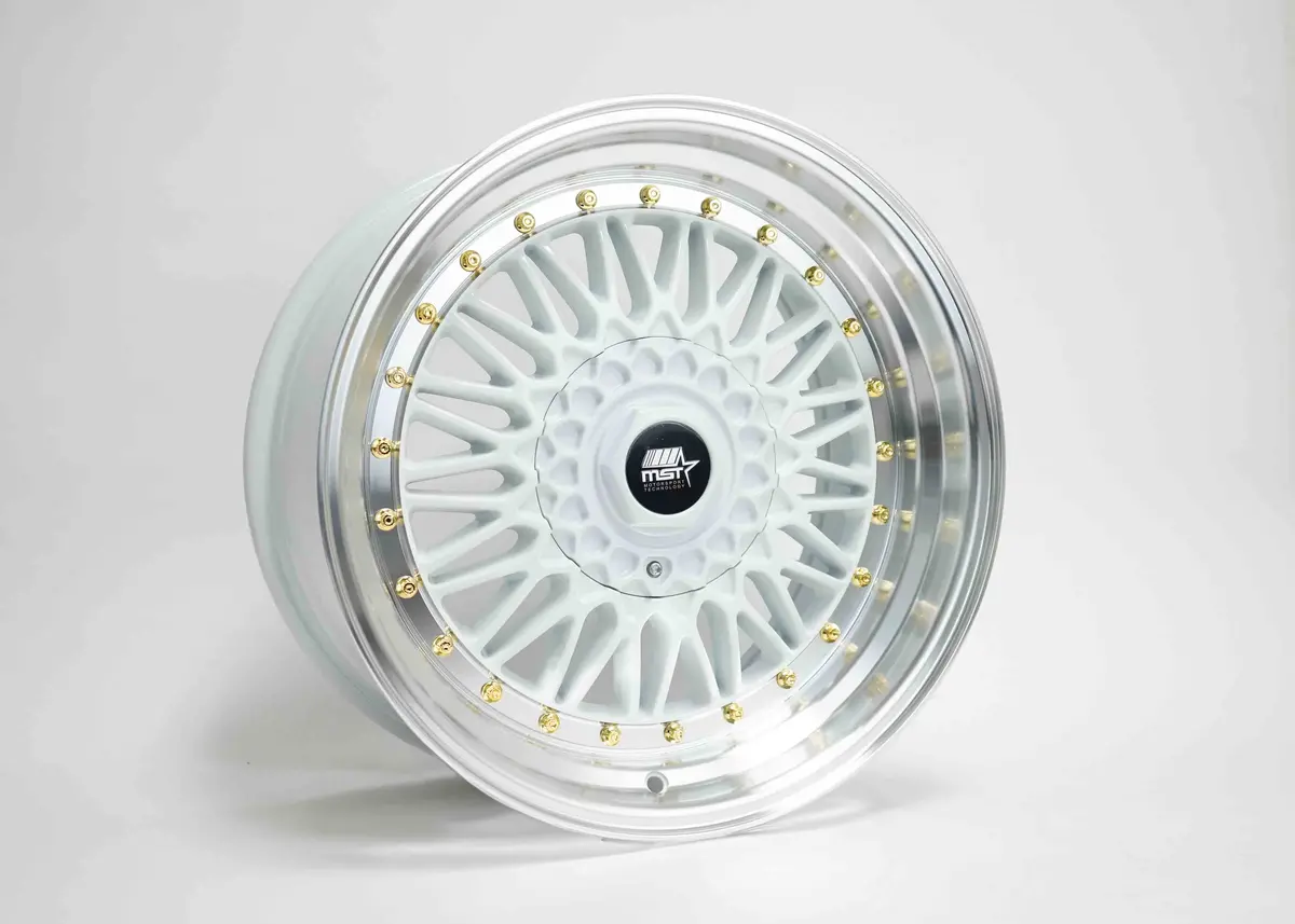 Mt13 - White W/Machined Lip Gold Rivets - 17X8.5 5X100/5X114.3 Offset +30 2