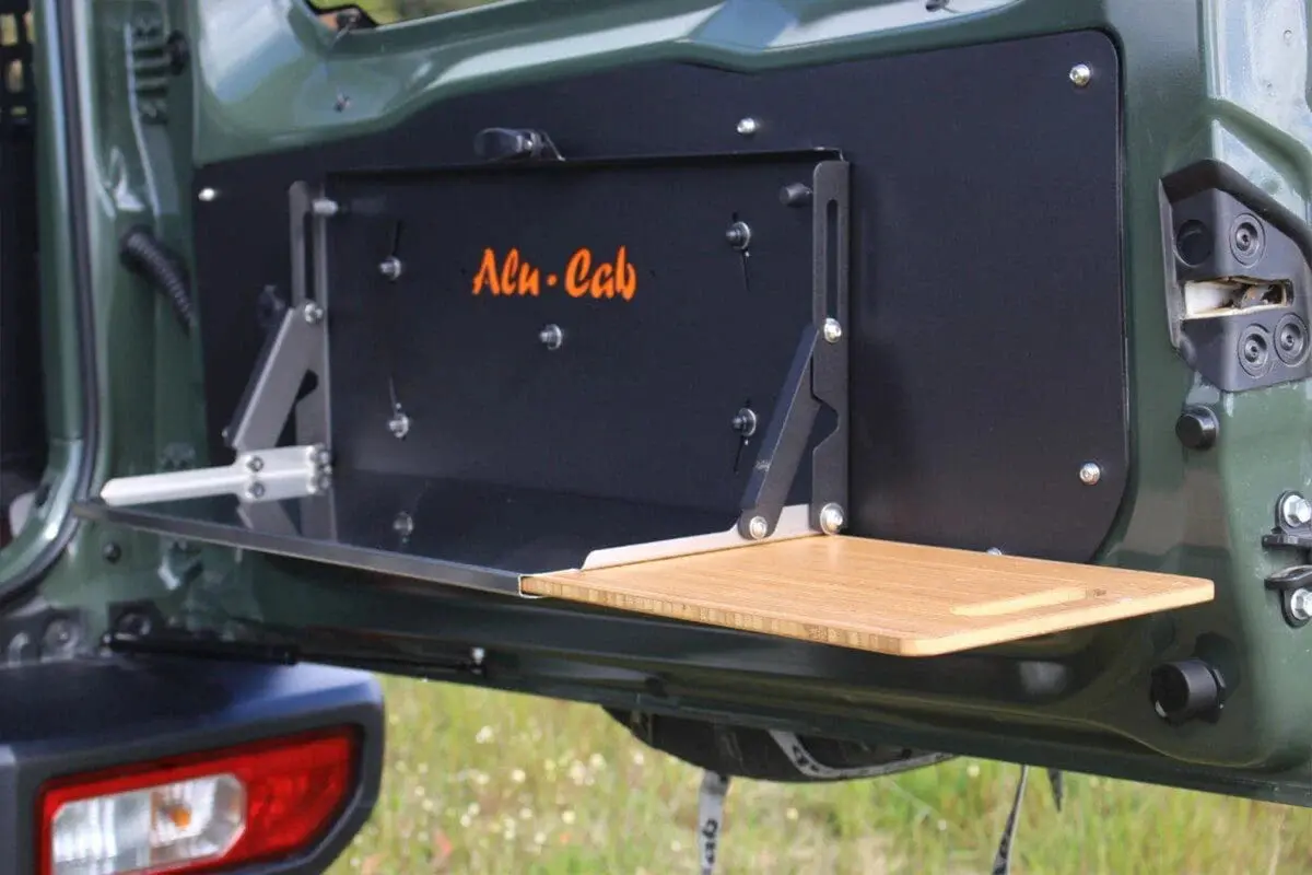 Alu-Cab Rear Tailgate Drop Down Table With Slide-Out Bamboo Cutting Board (Jimny Models 2018-Current Xl 5-Door, Glx & Lite 3-Door) 1