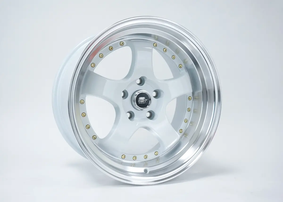 Mt07 - White W/Machined Lip Gold Rivets - 17X9.0 5X100 Offset +20 2