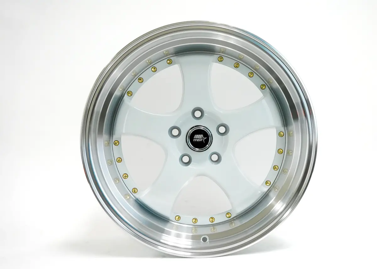 Mt07 - White W/Machined Lip Gold Rivets - 18X9.5 5X114.3 Offset +20 1