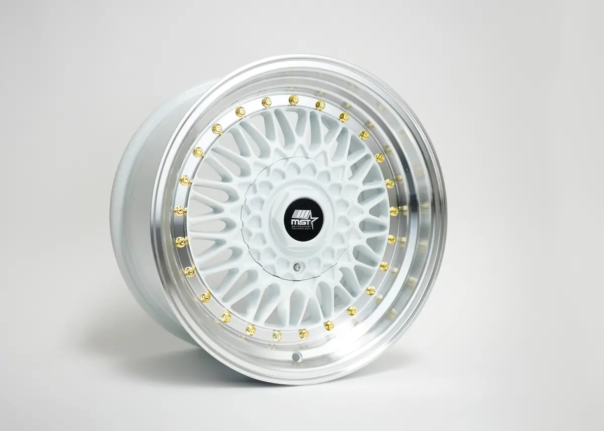 Mt13 - White W/ Machined Lip Gold Rivets - 16X8.0 5X100/5X114.3 Offset +20 2