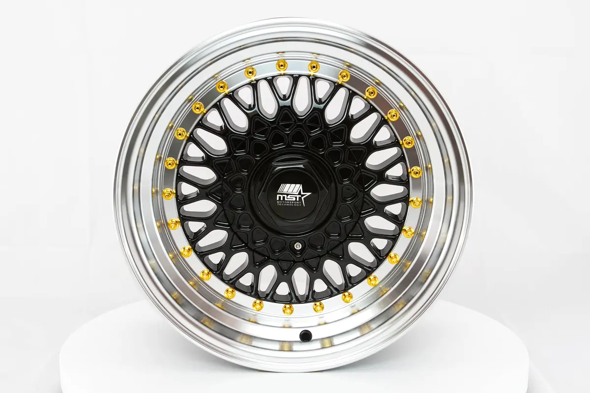 Mt13 - Black W/Machined Lip Gold Rivets - 15X8.0 4X100/4X114.3 Offset +20 1
