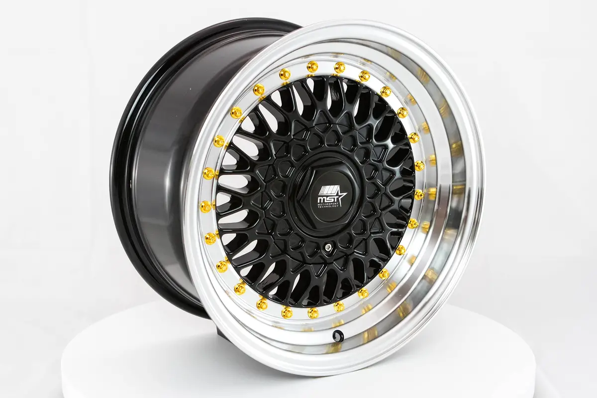 Mt13 - Black W/Machined Lip Gold Rivets - 15X8.0 4X100/4X114.3 Offset +20 2