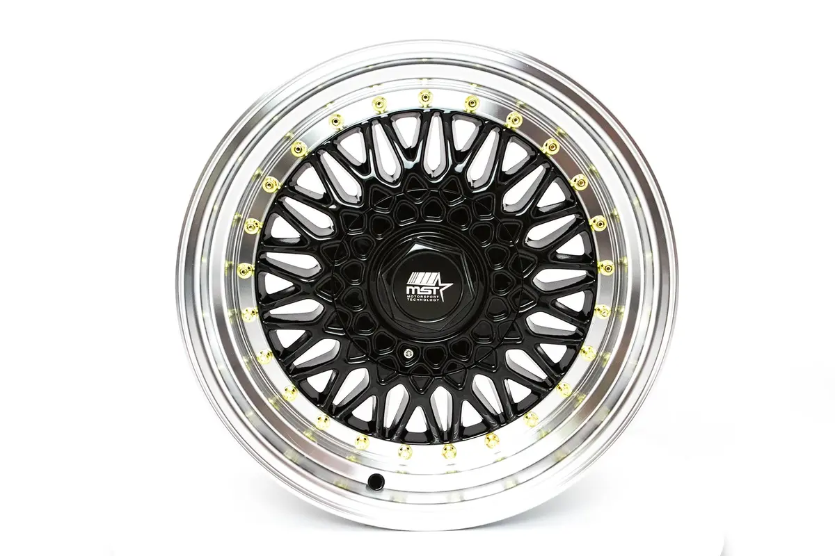 Mt13 - Black W/Machined Lip Gold Rivets - 16X8.0 5X100/5X114.3 Offset +20 1