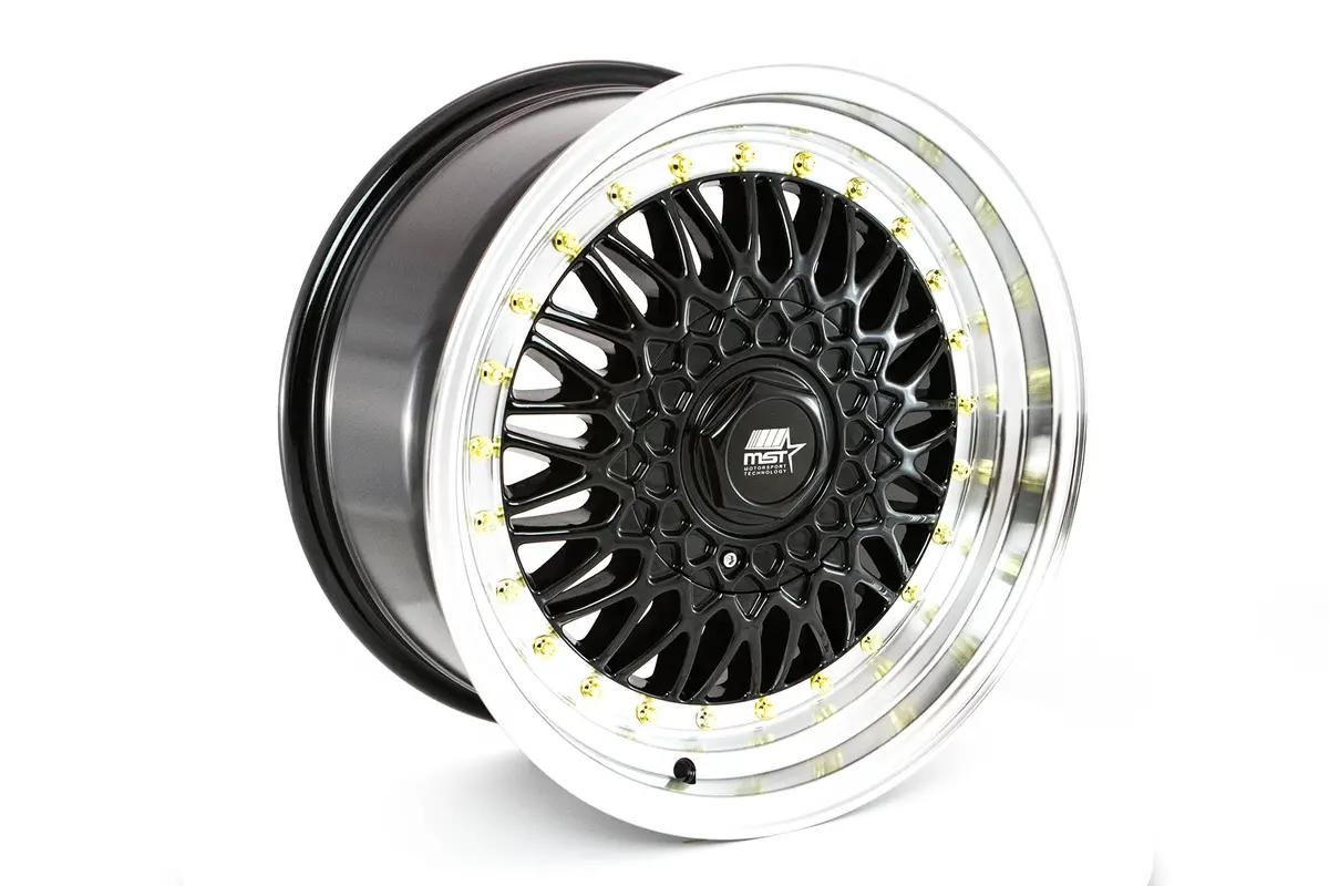 Mt13 - Black W/Machined Lip Gold Rivets - 16X8.0 5X100/5X114.3 Offset +20 2