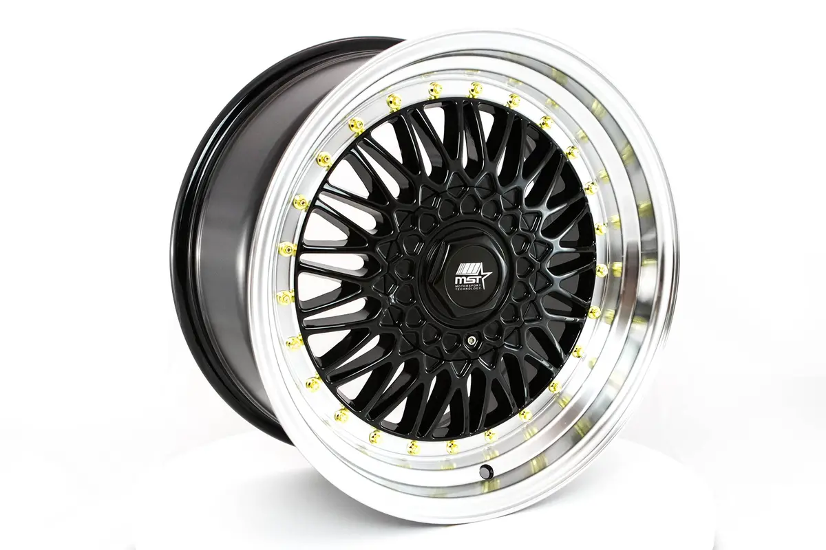 Mt13 - Black W/Machined Lip Gold Rivets - 17X8.5 5X100/5X114.3 Offset +30 2