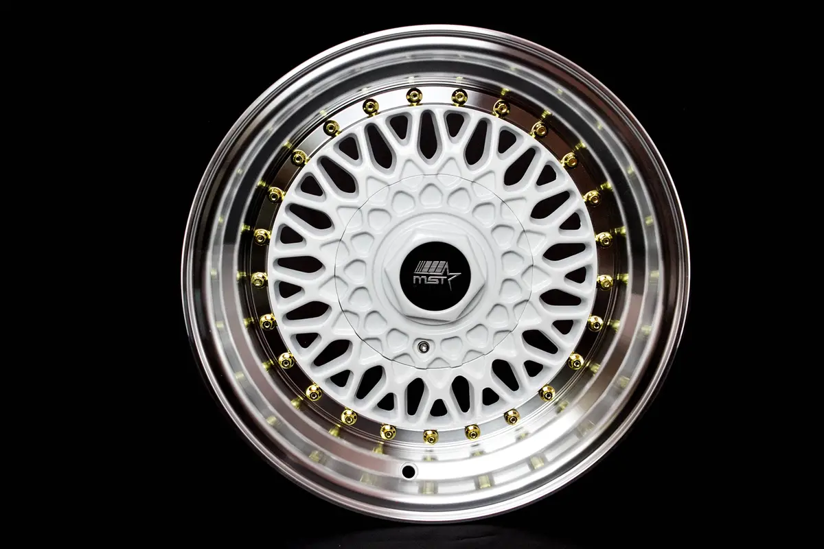 Mt13 - White W/Machined Lip Gold Rivets - 15X8.0 4X100/4X114.3 Offset +20 1