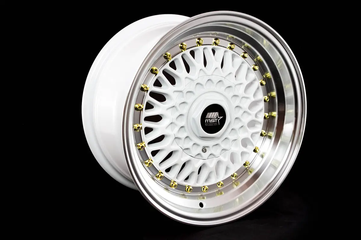Mt13 - White W/Machined Lip Gold Rivets - 15X8.0 4X100/4X114.3 Offset +20 2