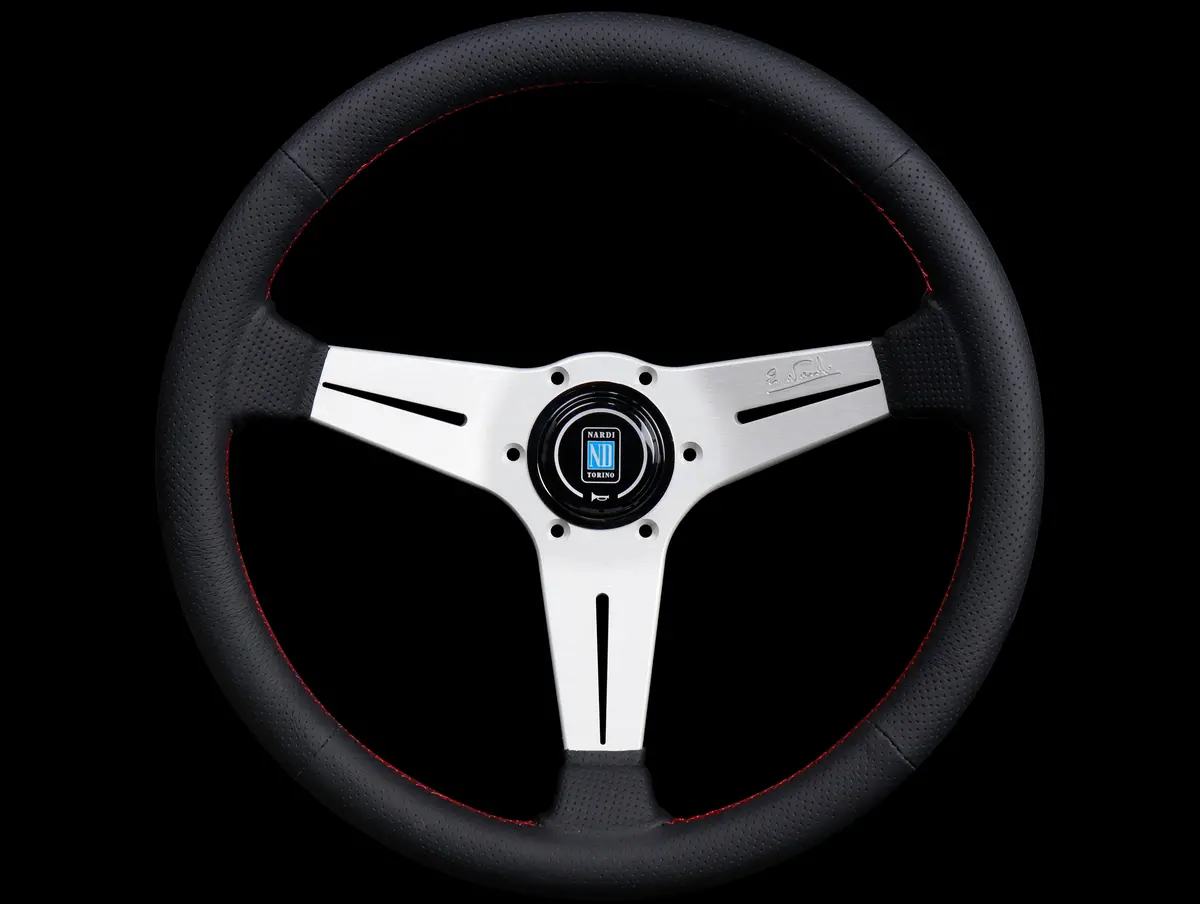 Nardi Deep Corn Sport Rally Steering Wheel W/ Silver Spokes - 350Mm Perforated Leather / Red Stitch 1