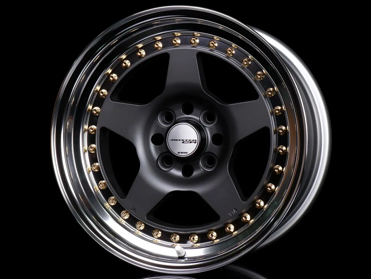Work Meister Cr 01 3-Piece Wheels - Matte Gunmetal W/ Polished Lip + Gold Hardware - 15X8 / 4X100 1