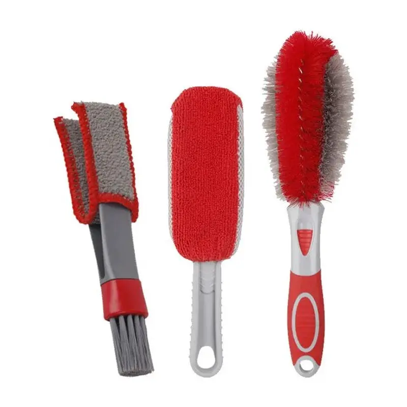 3Pcs Car Detailing Brush Set - Microfiber Vent Cleaning Brush, Soft Bristle And Microfiber Tire Wheel Brushes 1