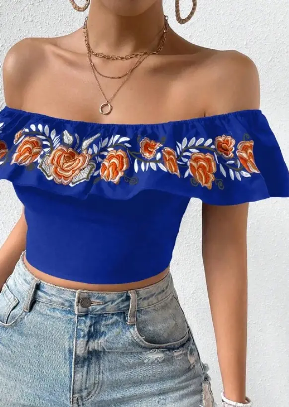 Women Floral Off The Shoulder Crop Top 1