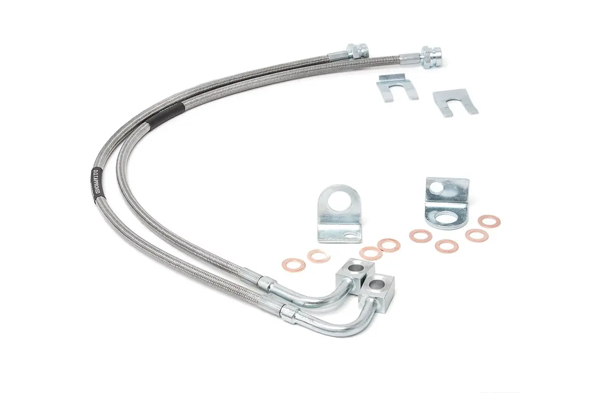 Premium stainless steel rear brake lines engineered for lifted Jeep Wrangler JK and Unlimited models (2007–2018) with 4–6 inch suspension lifts.