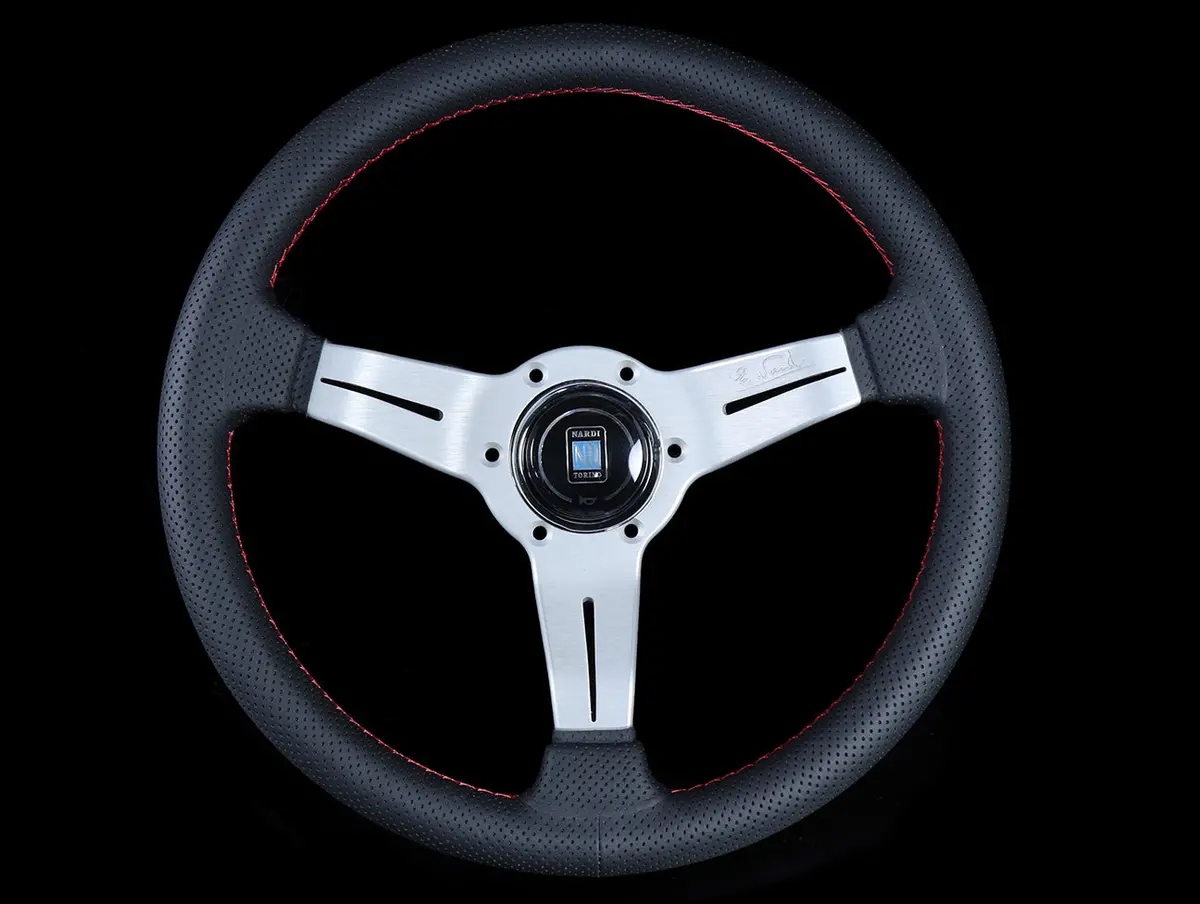 Nardi Deep Corn Sport Rally Steering Wheel W/ Silver Spokes - 330Mm Perforated Leather / Red Stitch 1